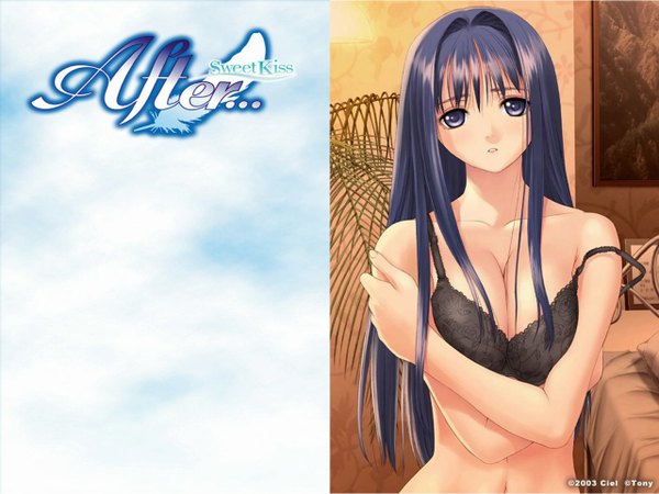 Anime picture 1280x960 with after after sweet kiss tony taka breasts blue eyes light erotic blue hair wallpaper copyright name girl lingerie bra black bra chihaya miyuki