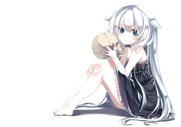 Anime picture 2000x1408 with original yuu (shiro yurine) shiro yurine single long hair looking at viewer blush fringe highres blue eyes simple background white background bare shoulders holding bent knee (knees) white hair barefoot bare legs :o no shoes
