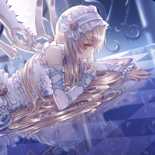 Anime picture 1247x1247 with original cecil86 single looking at viewer fringe blonde hair brown eyes yellow eyes lying very long hair profile blurry depth of field reflection on stomach angel cropped mechanical wings girl dress