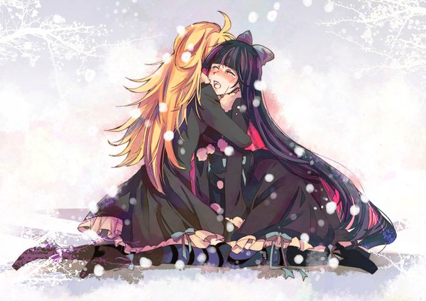 Anime picture 1169x827 with panty & stocking with garterbelt anarchy stocking anarchy panty long hair blush open mouth blonde hair multiple girls purple hair ahoge multicolored hair hug tears snowing winter snow colored inner hair crying girl dress