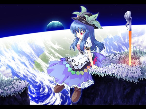 Anime picture 1024x768 with touhou hinanawi tenshi paji space girl earth