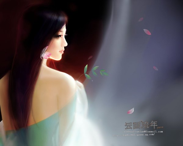 Anime picture 1280x1024 with hiliuyun (artist) long hair black hair bare shoulders profile looking back hair flower black eyes realistic back girl hair ornament petals