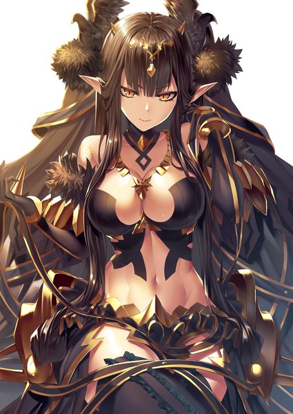 Anime picture 836x1180 with fate (series) fate/grand order fate/apocrypha semiramis (fate) heirou single long hair tall image fringe breasts light erotic black hair simple background hair between eyes large breasts white background bare shoulders yellow eyes payot cleavage