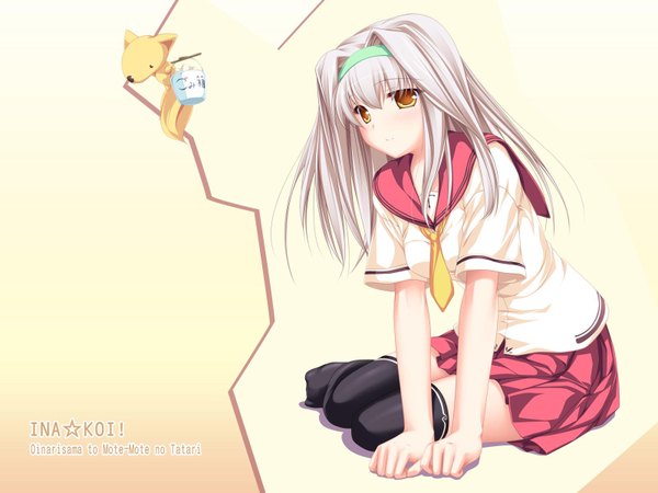 Anime picture 1600x1200 with inakoi kuujou hina tenmaso blush sitting grey hair inscription orange eyes yellow background girl thighhighs uniform black thighhighs school uniform hairband