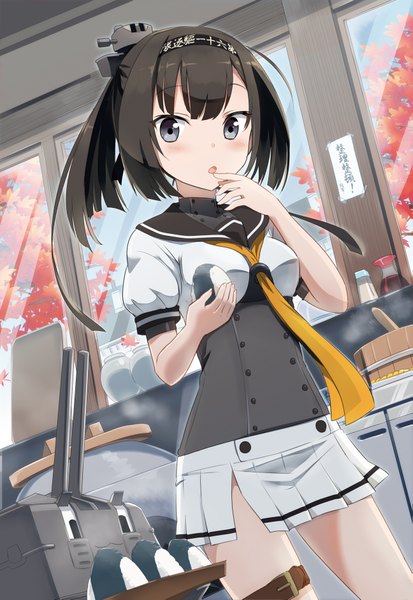 Anime picture 1295x1881 with kantai collection akizuki destroyer chou-10cm-hou-chan gotyou ayuyanaka no hito single tall image looking at viewer blush short hair breasts open mouth black hair standing ponytail indoors pleated skirt grey eyes finger to mouth girl