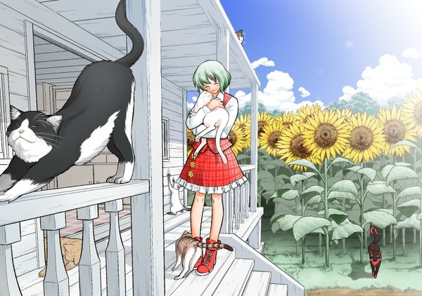 Anime picture 1592x1121 with touhou kazami yuuka kaenbyou rin (cat) fuuzasa short hair sky cloud (clouds) eyes closed green hair light smile hug plaid skirt girl flower (flowers) shirt cat vest stairs sneakers fence