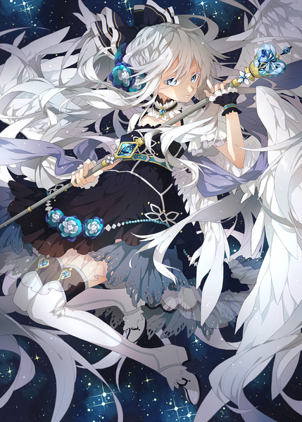 Anime picture 1166x1631 with original no (artist) single long hair tall image fringe blue eyes holding bent knee (knees) white hair hair flower grey hair night night sky angel wings white wings girl thighhighs dress hair ornament