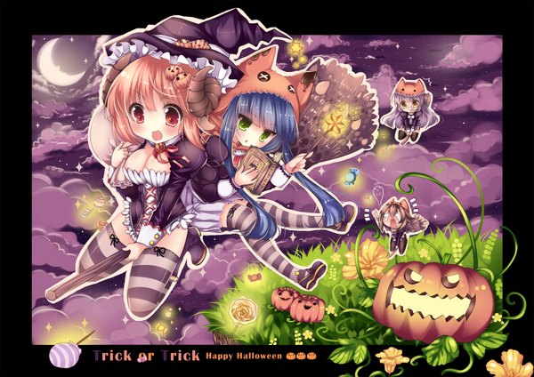 Anime picture 2000x1414 with usagihime highres red eyes multiple girls green eyes blue hair cloud (clouds) horn (horns) orange hair border halloween flying girl thighhighs 2 girls striped thighhighs vegetables broom jack-o'-lantern pumpkin