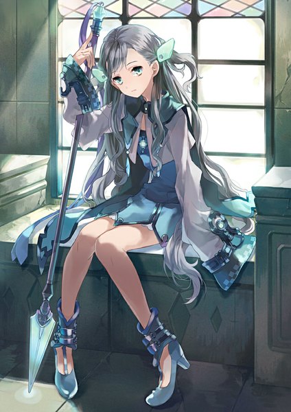 Anime picture 707x1000 with original eihi single long hair tall image looking at viewer fringe sitting holding aqua eyes aqua hair shadow knees touching sad girl dress weapon shoes window spear