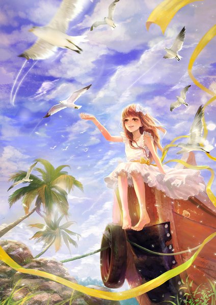 Anime picture 827x1169 with original wallace (artist) long hair tall image fringe smile brown hair sitting brown eyes sky cloud (clouds) barefoot sunlight bare legs no shoes outstretched arm flying sunbeam girl dress