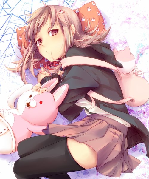 Anime picture 900x1080 with dangan ronpa super dangan ronpa 2 nanami chiaki monomi noa030 single tall image blush fringe short hair blonde hair lying pink eyes zettai ryouiki on side girl thighhighs skirt uniform bow