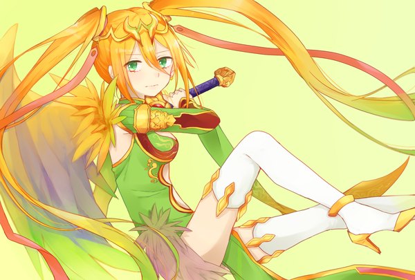 Anime picture 1748x1181 with puzzle & dragons leilan (p&d) leiran (p&d) shiao single looking at viewer highres simple background blonde hair sitting twintails green eyes very long hair high heels yellow background girl thighhighs hair ornament weapon white thighhighs