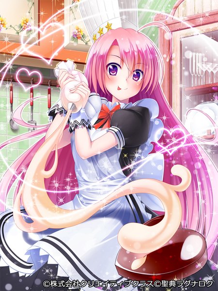 Anime picture 600x800 with seiten ragnarok pochadon single long hair tall image looking at viewer blush smile purple eyes pink hair maid valentine cooking girl dress uniform heart