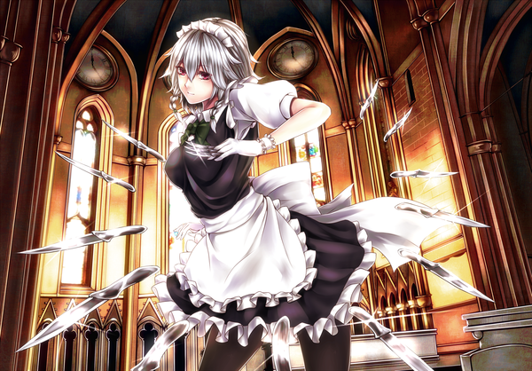 Anime picture 1900x1325 with touhou izayoi sakuya izayoi-saki highres short hair red eyes silver hair braid (braids) maid twin braids girl gloves frills headdress maid headdress clock knife wall clock