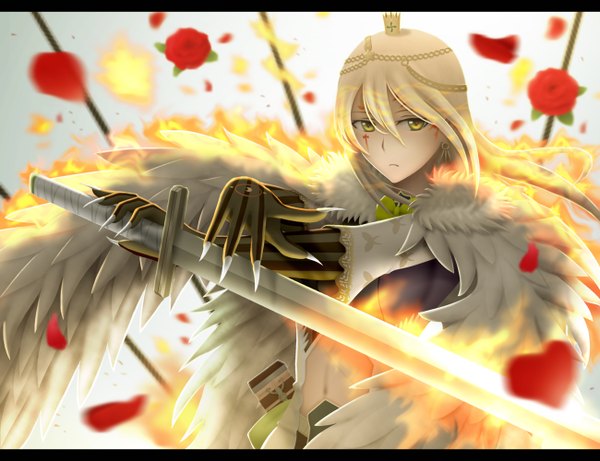 Anime picture 1300x1000 with witch craft works j.c. staff kagari ayaka siraha single long hair looking at viewer blonde hair yellow eyes fingernails blurry letterboxed long fingernails alternate hair color alternate eye color girl flower (flowers) weapon earrings sword
