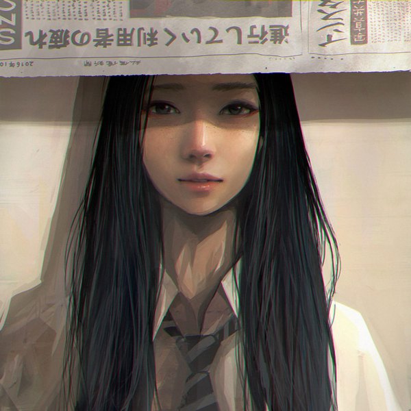 Anime picture 1000x1000 with original wataboku single long hair looking at viewer open mouth black hair simple background inscription shadow grey eyes lipstick text hieroglyph portrait shaded face anaglyph pink lipstick girl shirt