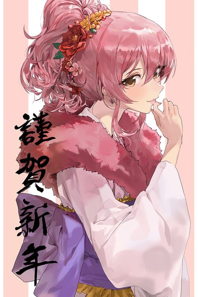 Anime picture 1000x1500 with idolmaster idolmaster cinderella girls jougasaki mika modare single long hair tall image blush fringe hair between eyes yellow eyes pink hair upper body ponytail traditional clothes japanese clothes hand to mouth nengajou girl hair ornament