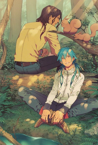 Anime picture 2869x4266 with dramatical murder nitro+chiral aoba (dmmd) mink (dmmd) honya lala long hair tall image looking at viewer highres smile brown hair sitting brown eyes blue hair profile looking back sunlight scan official art multiple boys