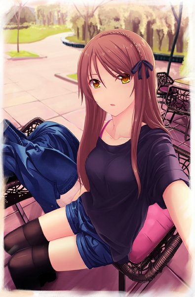 Anime picture 658x1000 with original kyoumu (huangf91) single long hair tall image looking at viewer fringe brown hair sitting brown eyes yellow eyes outdoors braid (braids) parted lips head tilt sunlight zettai ryouiki outstretched arm single braid side braid