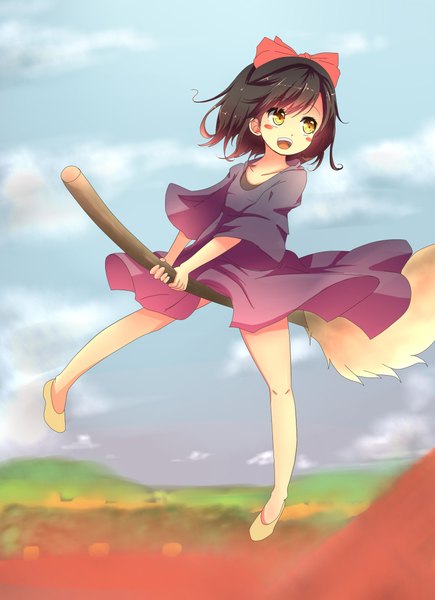 Anime picture 1696x2336 with kiki's delivery service studio ghibli kiki single tall image blush short hair open mouth black hair yellow eyes sky cloud (clouds) broom riding girl dress bow hair bow broom