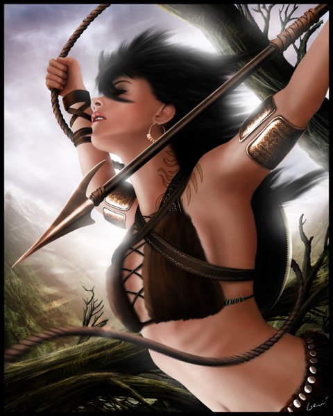 Anime picture 1024x1280 with original gerald jelitto long hair tall image black hair eyes closed lips realistic midriff tattoo light girl navel weapon earrings branch spear