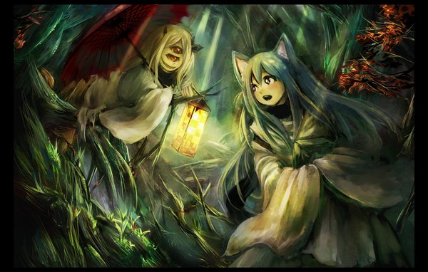 Anime picture 1000x638 with original mina (artist) long hair blush open mouth red eyes animal ears blue hair traditional clothes japanese clothes black eyes cat ears girl plant (plants) tree (trees) umbrella forest lantern monster