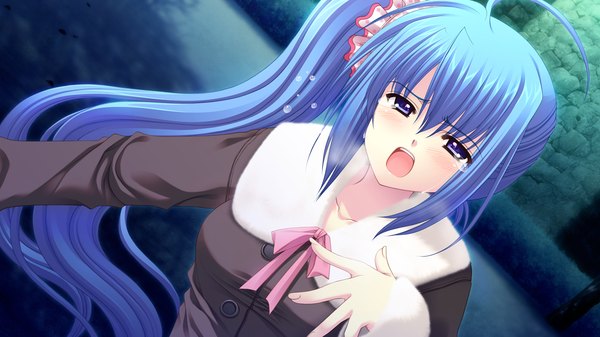 Anime picture 1280x720 with world wide love! (game) munemoto tsubakiko long hair open mouth blue eyes wide image blue hair game cg ponytail tears side ponytail girl