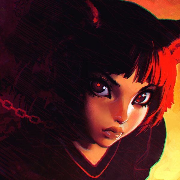 Anime picture 900x900 with original ilya kuvshinov single looking at viewer fringe short hair black hair red eyes red hair multicolored hair two-tone hair close-up girl chain collar