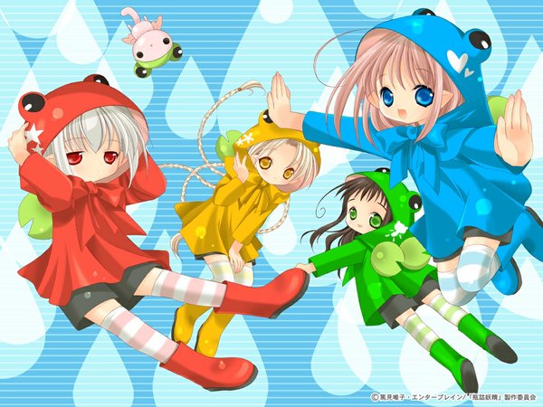 Anime picture 1024x768 with bottle fairy oboro hororo kururu sarara chiriri tokumi yuiko rain star print star (symbol)