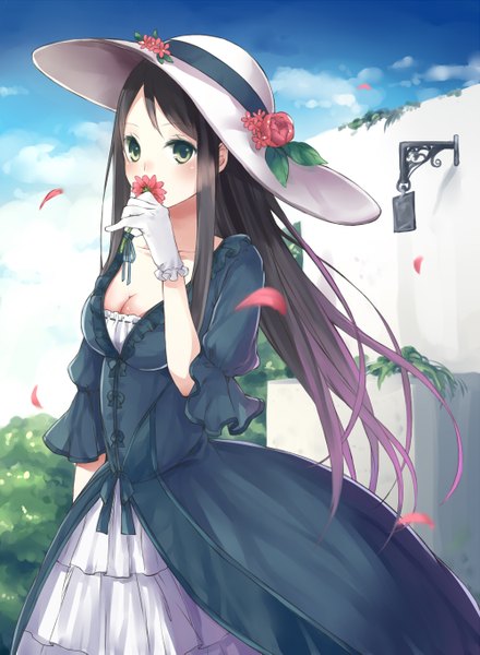 Anime picture 1000x1363 with original aquariumtama single long hair tall image blush black hair green eyes girl dress flower (flowers) hat petals