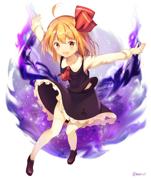 Anime picture 2967x3523 with touhou rumia nenobi (nenorium) single tall image blush highres short hair open mouth blonde hair signed yellow eyes full body ahoge :d twitter username spread arms girl thighhighs skirt