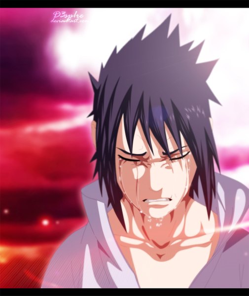 Anime picture 1032x1225 with naruto studio pierrot naruto (series) uchiha sasuke schwarrtz single tall image short hair black hair sky cloud (clouds) eyes closed traditional clothes japanese clothes tears grin coloring portrait light letterboxed