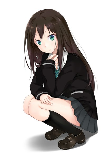 Anime picture 725x1024 with idolmaster idolmaster cinderella girls shibuya rin chou (meteorite3) single long hair tall image looking at viewer blue eyes black hair white background shadow girl skirt uniform school uniform socks shoes black socks loafers