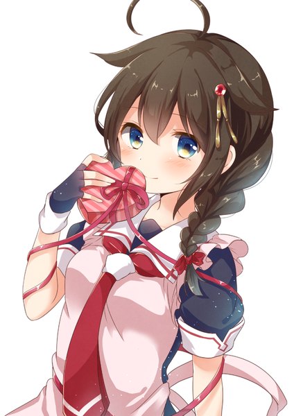 Anime picture 636x900 with kantai collection shigure destroyer emilion single long hair tall image blush blue eyes simple background smile hair between eyes brown hair white background looking away ahoge braid (braids) from above single braid valentine remodel (kantai collection)
