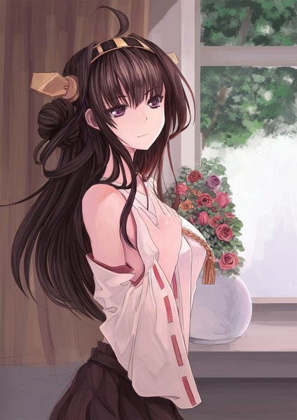 Anime picture 1200x1697 with kantai collection kongou battleship youxuemingdie single long hair tall image looking at viewer black hair purple eyes ahoge nontraditional miko girl hair ornament flower (flowers) detached sleeves rose (roses)