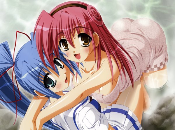 Anime picture 3290x2460 with moe love natsuiro moegiryou girls museum (artbook) moegi mizuna yuzuhara mayuri yamino kenji long hair looking at viewer blush highres breasts open mouth blue eyes light erotic multiple girls brown eyes blue hair pink hair absurdres ponytail hug