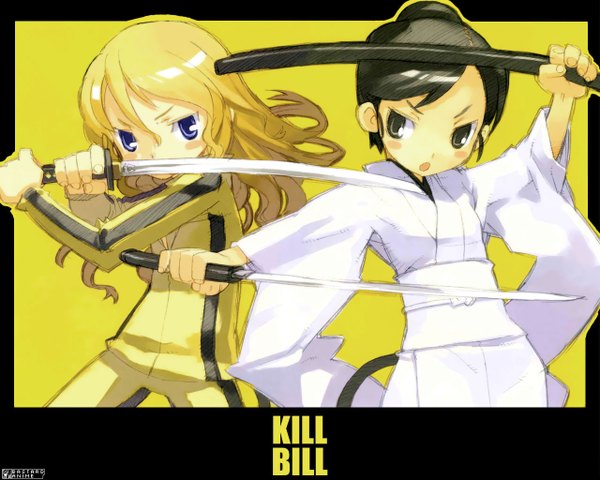 Anime picture 1280x1024 with kill bill kuroboshi kouhaku cosplay yellow background sword tagme