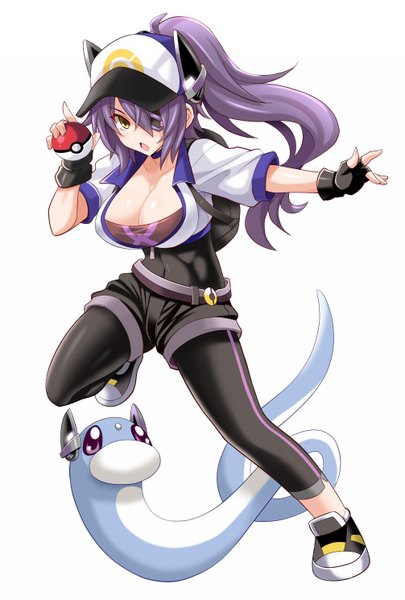 Anime picture 1006x1490 with kantai collection pokemon pokemon (game) pokemon go nintendo tenryuu light cruiser female protagonist (pokemon go) dratini konno tohiro long hair tall image breasts open mouth light erotic simple background large breasts white background yellow eyes cleavage purple hair