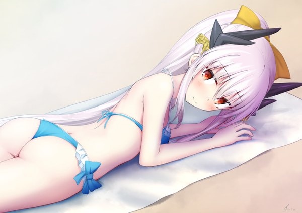 Anime picture 1413x1000 with fate (series) fate/grand order kiyohime (fate) kiyohime (swimsuit lancer) (fate) basa rutan single long hair looking at viewer blush fringe light erotic smile hair between eyes red eyes signed payot ass white hair ponytail lying