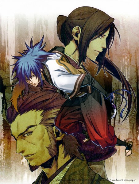 Anime picture 1739x2300 with hakuouki shinsengumi kitan studio deen long hair tall image highres short hair blue eyes brown eyes blue hair ponytail traditional clothes japanese clothes light smile multiple boys boy