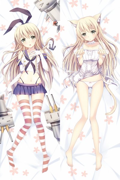 Anime picture 1200x1800 with kantai collection shimakaze destroyer rensouhou-chan bison cangshu long hair tall image open mouth light erotic blonde hair brown eyes animal ears tail animal tail cat ears bare legs cat girl cat tail multiview kemonomimi mode paw pose