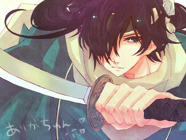 Anime picture 1280x960 with hakuouki shinsengumi kitan studio deen saito hajime long hair fringe purple hair hair over one eye shinsengumi boy weapon sword katana