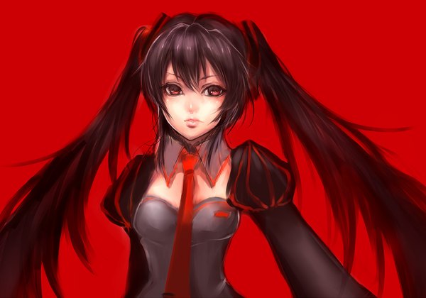 Anime picture 1000x700 with vocaloid hatsune miku sasaki ryou single looking at viewer black hair red eyes twintails very long hair lips teeth red background girl necktie