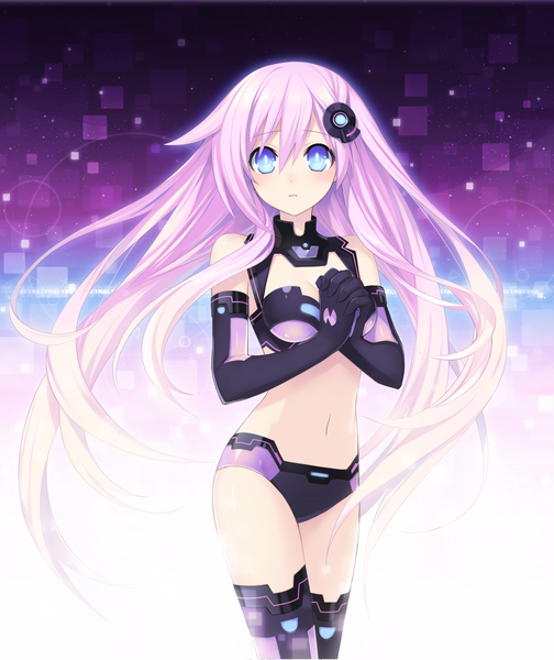 Anime picture 3365x4000 with choujigen game neptune hyperdimension neptunia mk2 purple heart purple sister tsunako single long hair tall image looking at viewer blush highres blue eyes light erotic pink hair absurdres cleavage official art girl thighhighs gloves