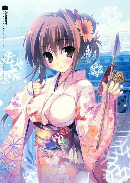 Anime picture 4975x7000 with original karory single tall image blush highres short hair smile brown hair brown eyes absurdres traditional clothes japanese clothes scan calendar 2014 girl hair ornament kimono obi snowflake (snowflakes)