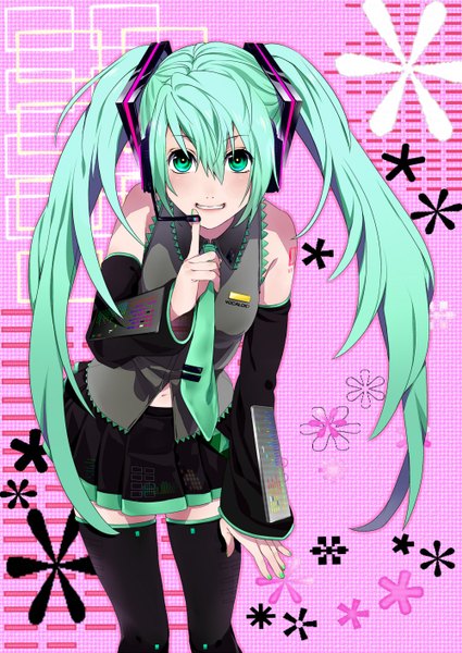 Anime picture 1000x1412 with vocaloid hatsune miku keishi single tall image looking at viewer twintails very long hair aqua eyes aqua hair zettai ryouiki finger to mouth girl thighhighs black thighhighs detached sleeves necktie headphones