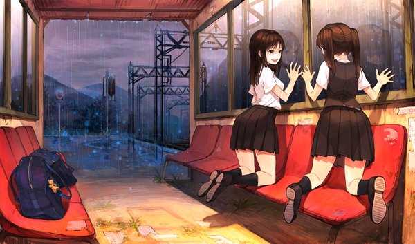 Anime picture 1500x883 with original sono (pixiv) long hair black hair wide image twintails multiple girls indoors from behind black eyes short twintails rain girl uniform 2 girls school uniform socks serafuku black socks school bag