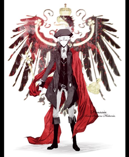 Anime picture 1024x1251 with axis powers hetalia studio deen prussia (hetalia) pizaya single tall image short hair red eyes white background white hair boy uniform hat belt jewelry feather (feathers) cloak knee boots cross crown