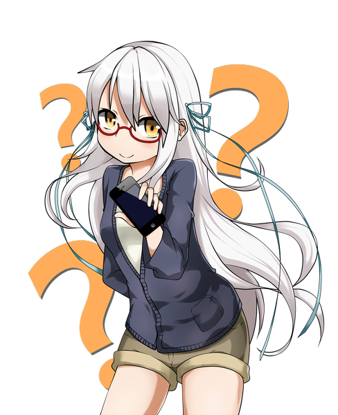 Anime picture 1300x1597 with galois (trex9704) single long hair tall image looking at viewer smile white background yellow eyes white hair legs girl glasses shorts phone