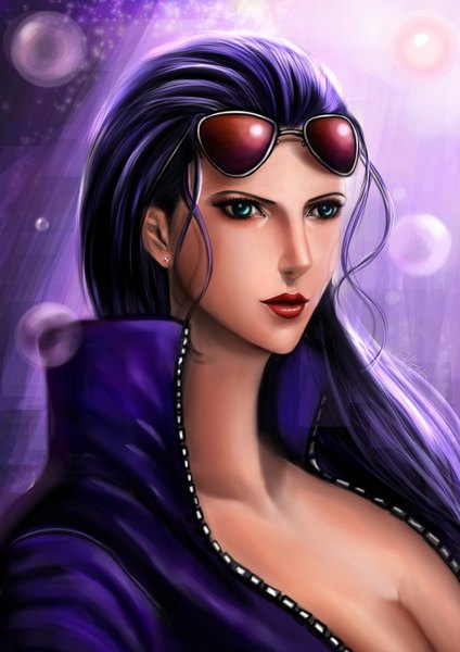 Anime picture 2480x3507 with one piece toei animation nico robin lilyzou single long hair tall image highres purple hair aqua eyes lips realistic lipstick portrait girl earrings glasses